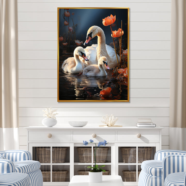 Peaceful Swans Family - Swans Large Canvas Wall Art
