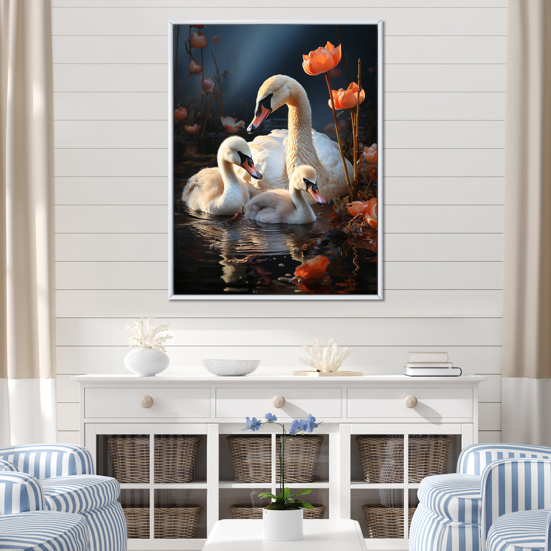 Peaceful Swans Family - Swans Large Canvas Wall Art