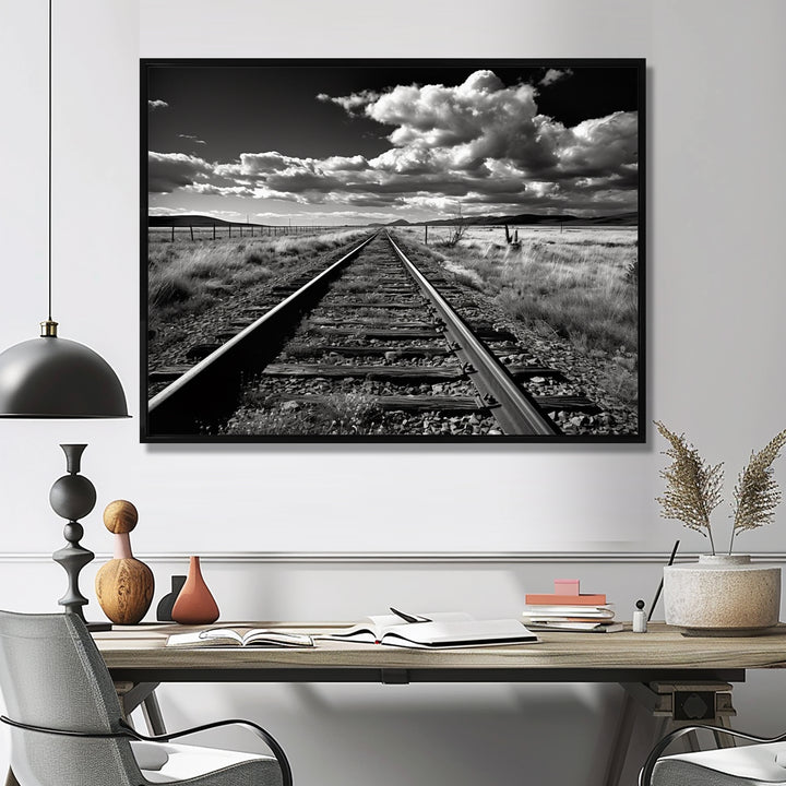 Black And White Train Tracks Photo - Train Canvas Wall Art