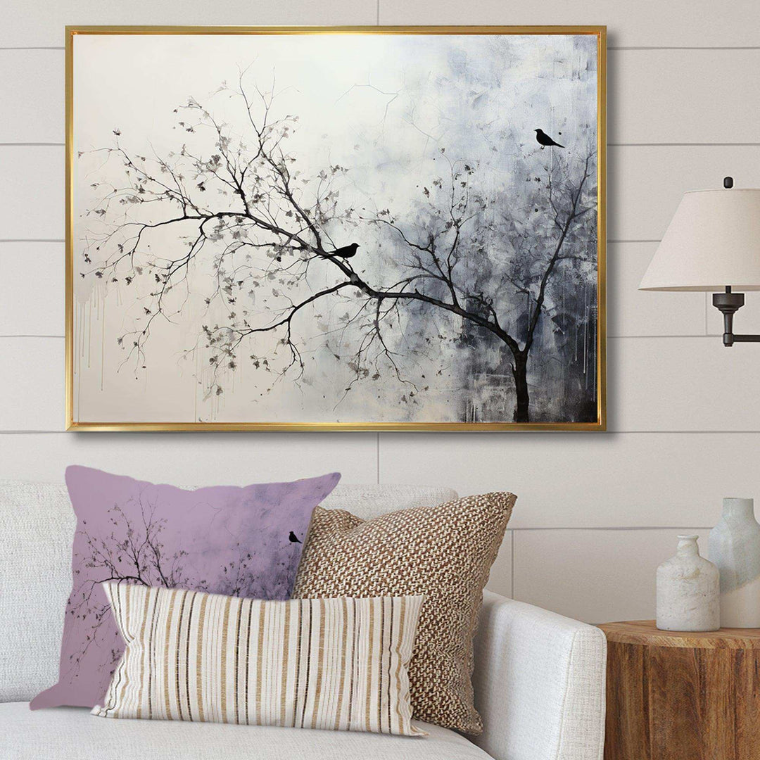 Minimalism Monochrome Birds On Branch II - Landscapes Canvas Wall Art