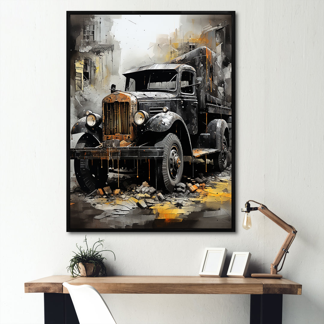 Old Black Garbage Truck - Truck Canvas Wall Art