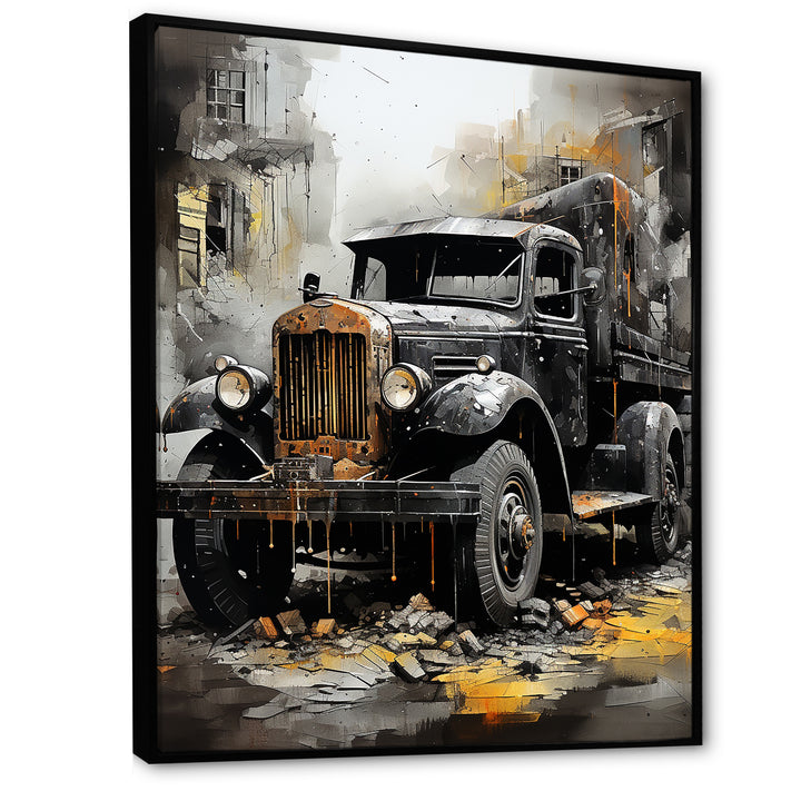 Old Black Garbage Truck - Truck Canvas Wall Art
