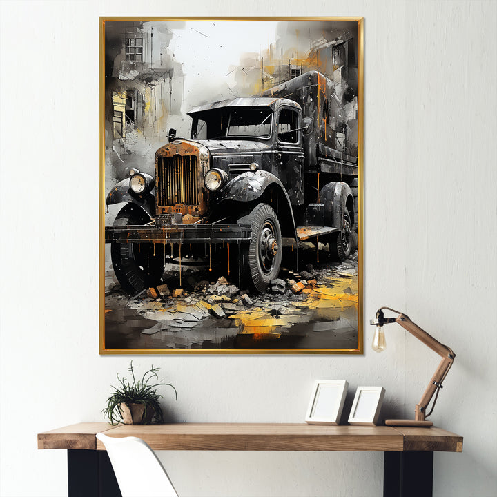 Old Black Garbage Truck - Truck Canvas Wall Art