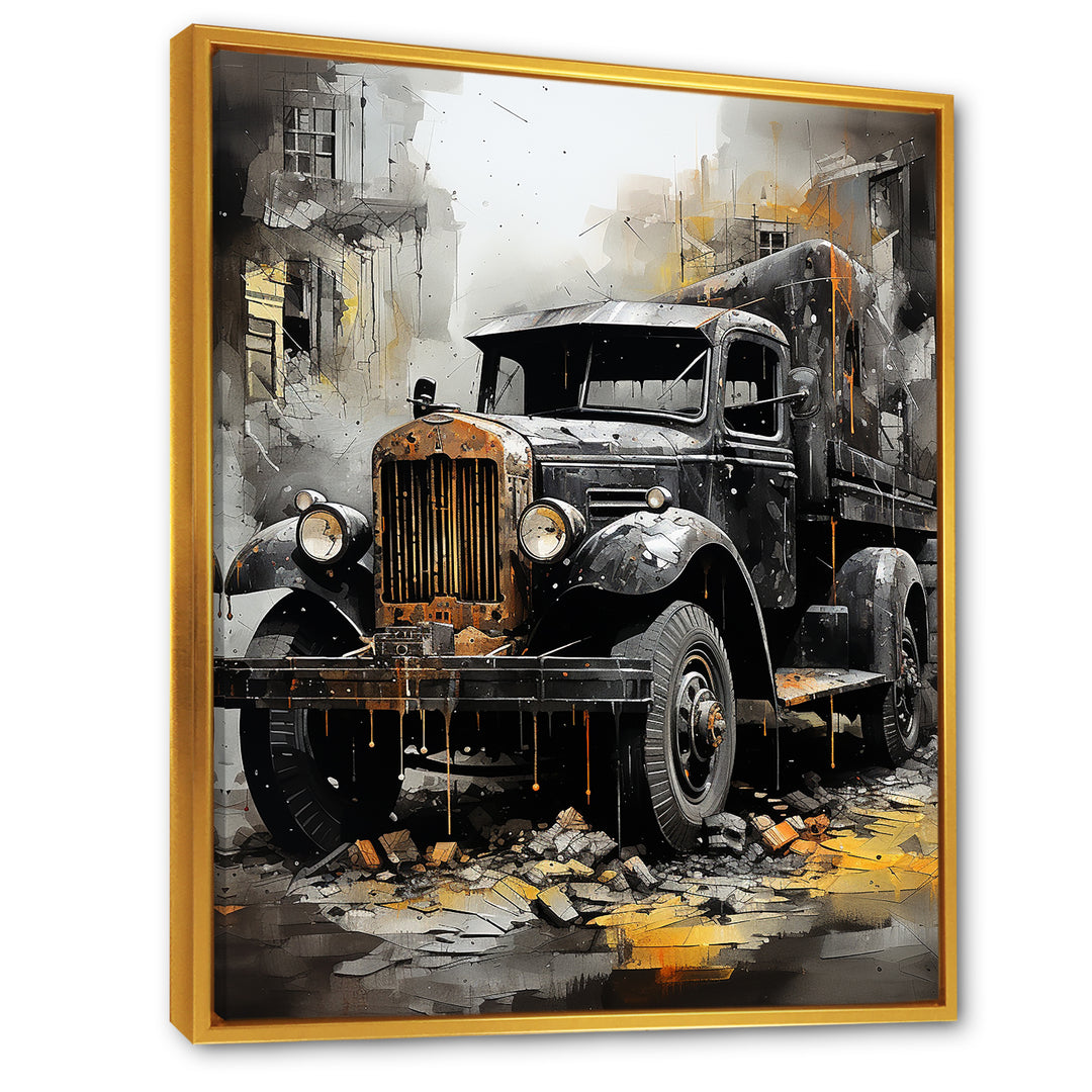 Old Black Garbage Truck - Truck Canvas Wall Art