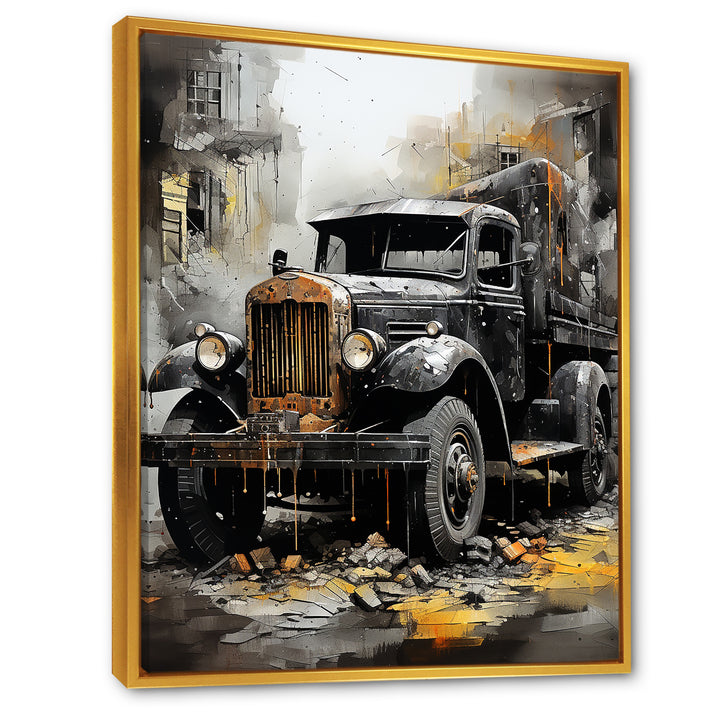 Old Black Garbage Truck - Truck Canvas Wall Art