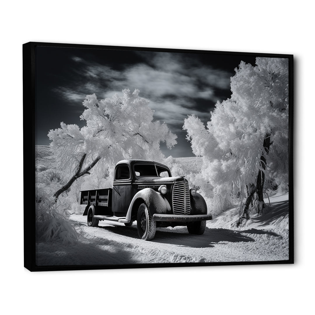 Black And White Truck Charm In Winter photo - Pickup Truck Canvas Wall Art