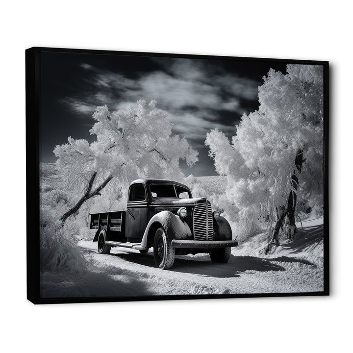 Black And White Truck Charm In Winter photo - Pickup Truck Canvas Wall Art