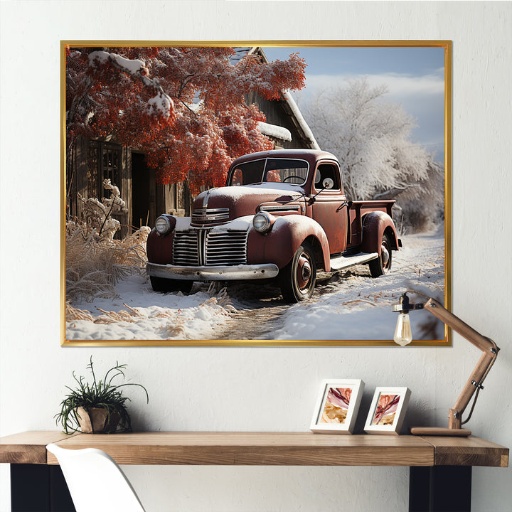 Truck Pickup Charm In Winter - Truck Pickup Canvas Wall Art