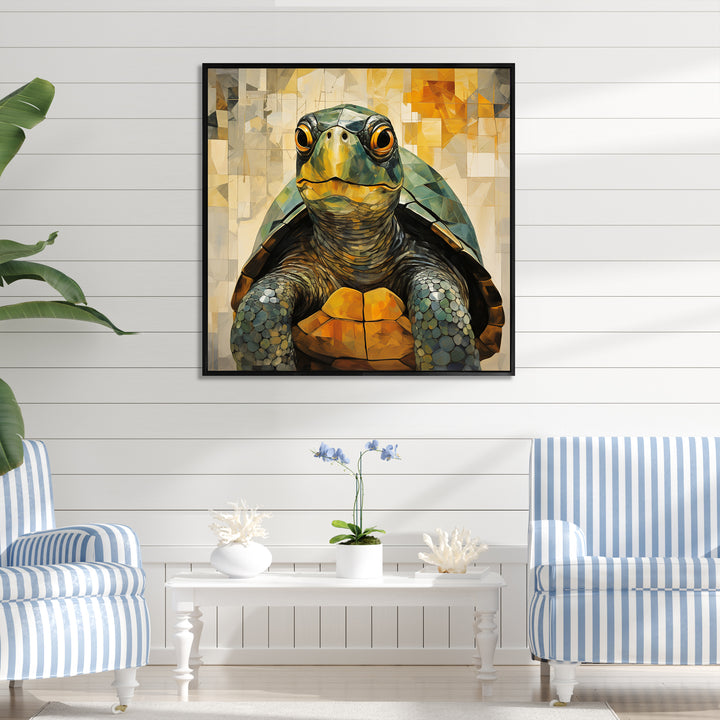 Cubist Abstraction Of A Turtle Using Olive Green - Turtle Canvas Wall Art