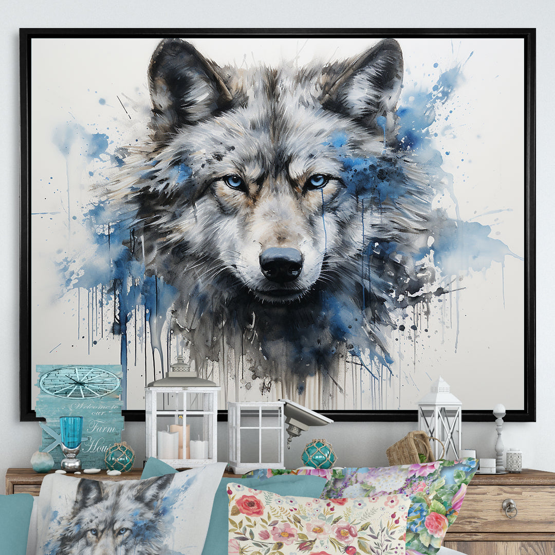 minimalism blue and grey Wolf Expression - Wolf Framed Canvas Art
