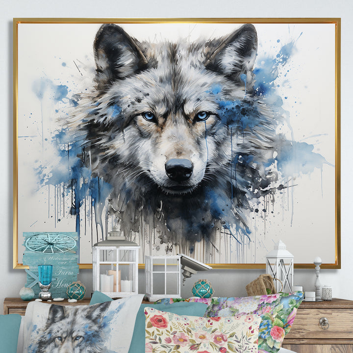 minimalism blue and grey Wolf Expression - Wolf Framed Canvas Art