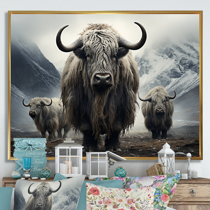 Monochrome Yaks Grazing Scene - Yaks Canvas Wall Art