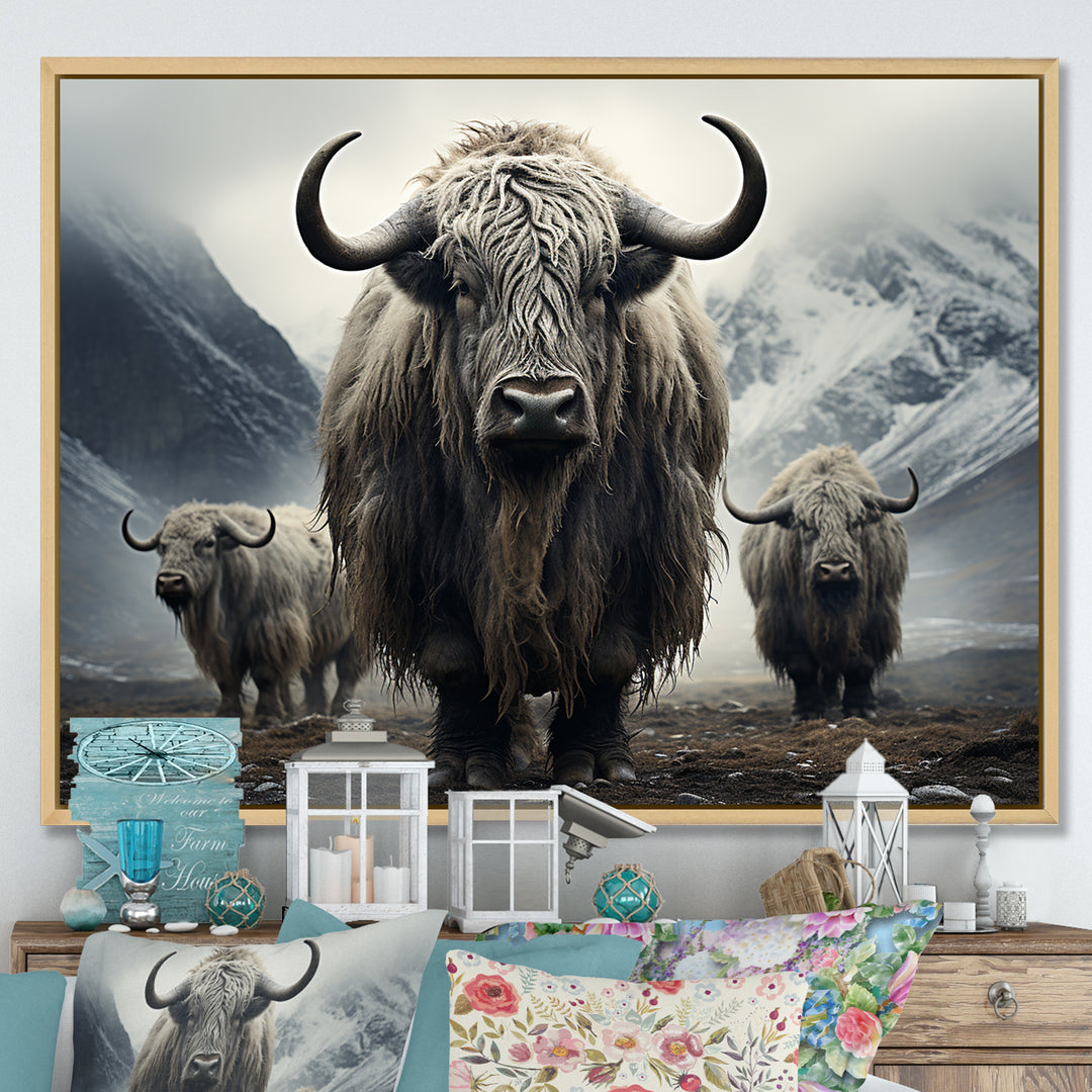 Monochrome Yaks Grazing Scene - Yaks Canvas Wall Art