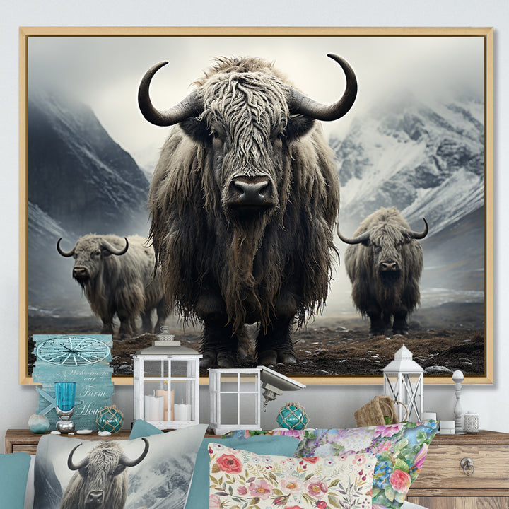 Monochrome Yaks Grazing Scene - Yaks Canvas Wall Art