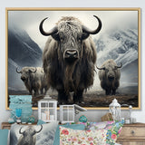 Monochrome Yaks Grazing Scene - Yaks Canvas Wall Art