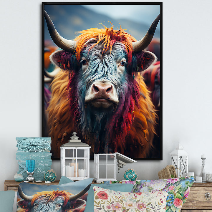 Colorful fur yak portrait - Yaks Large Canvas Wall Art