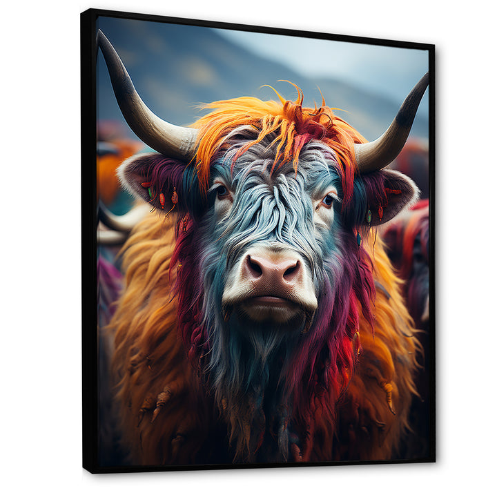 Colorful fur yak portrait - Yaks Large Canvas Wall Art