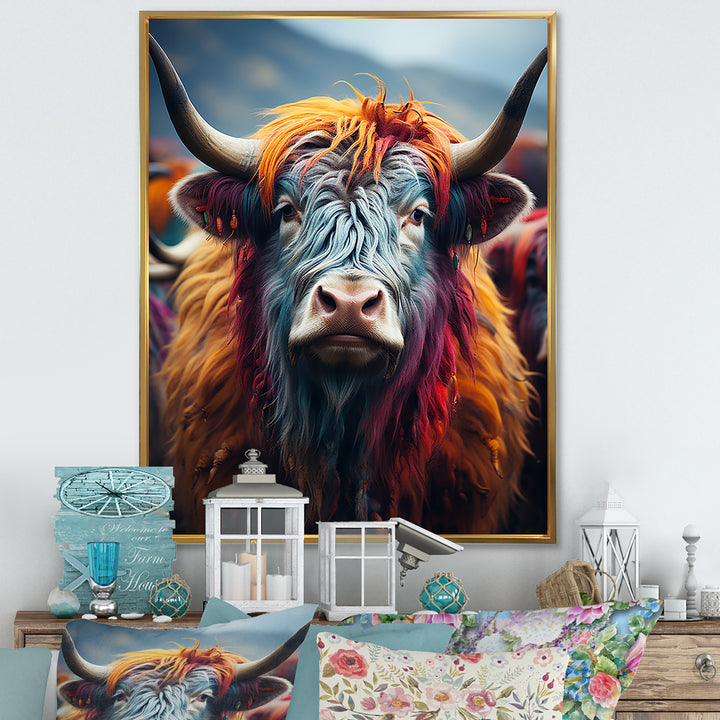 Colorful fur yak portrait - Yaks Large Canvas Wall Art