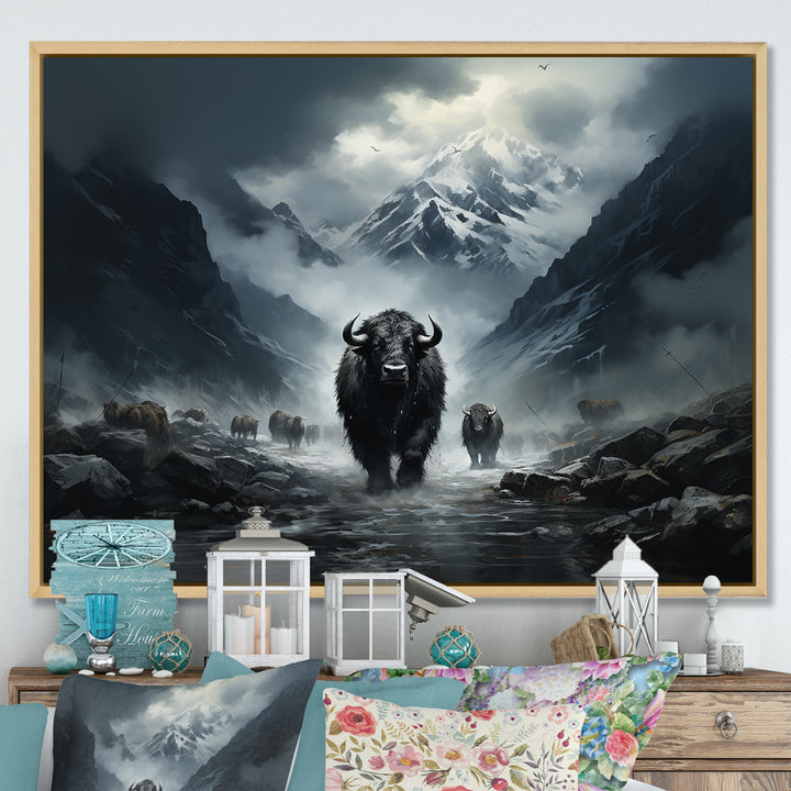 minimalism black Yaks panorama - Black Yaks Wall Art