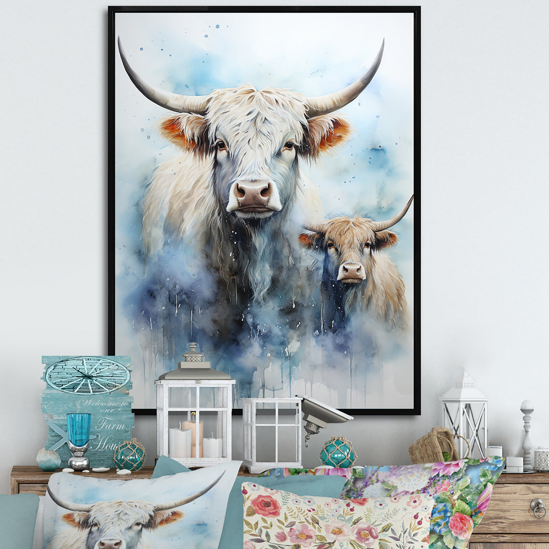 Watercolor Highland Yaks family - Blue Yaks Wall Art