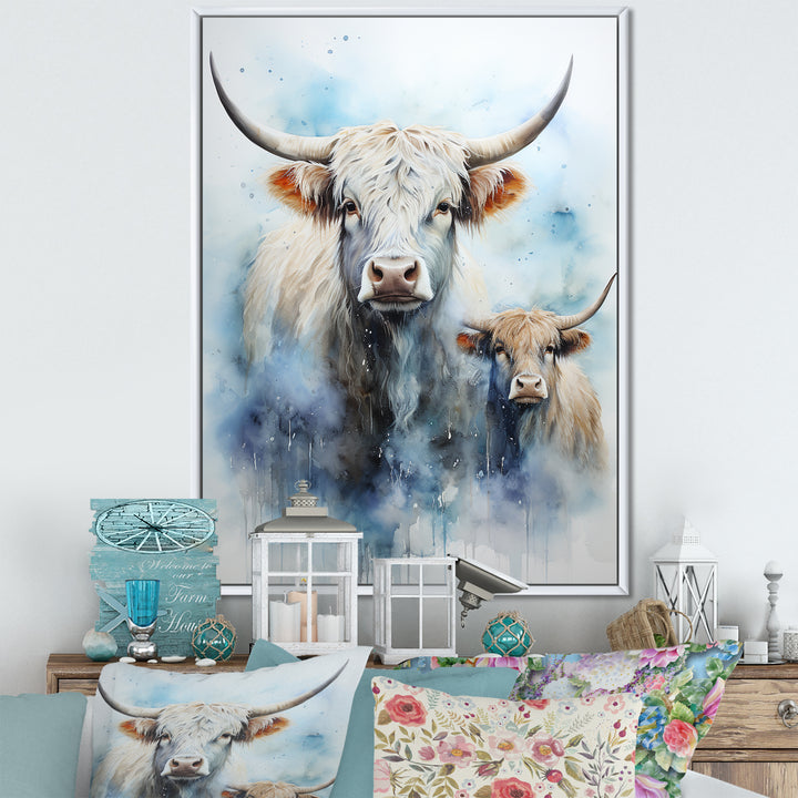 Watercolor Highland Yaks family - Blue Yaks Wall Art