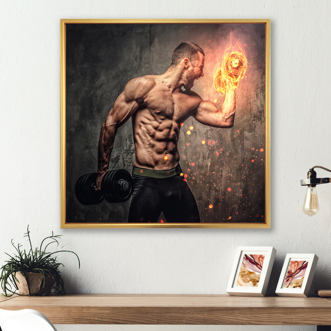 Bodybuilder S Dumbbell On Fire Photo - Aerobic &amp; Bodybuilding Canvas Wall Art