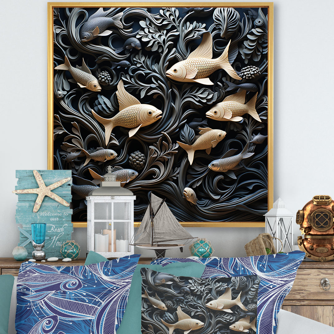 fish in the Sea collage in black - Fish Wall Art Prints