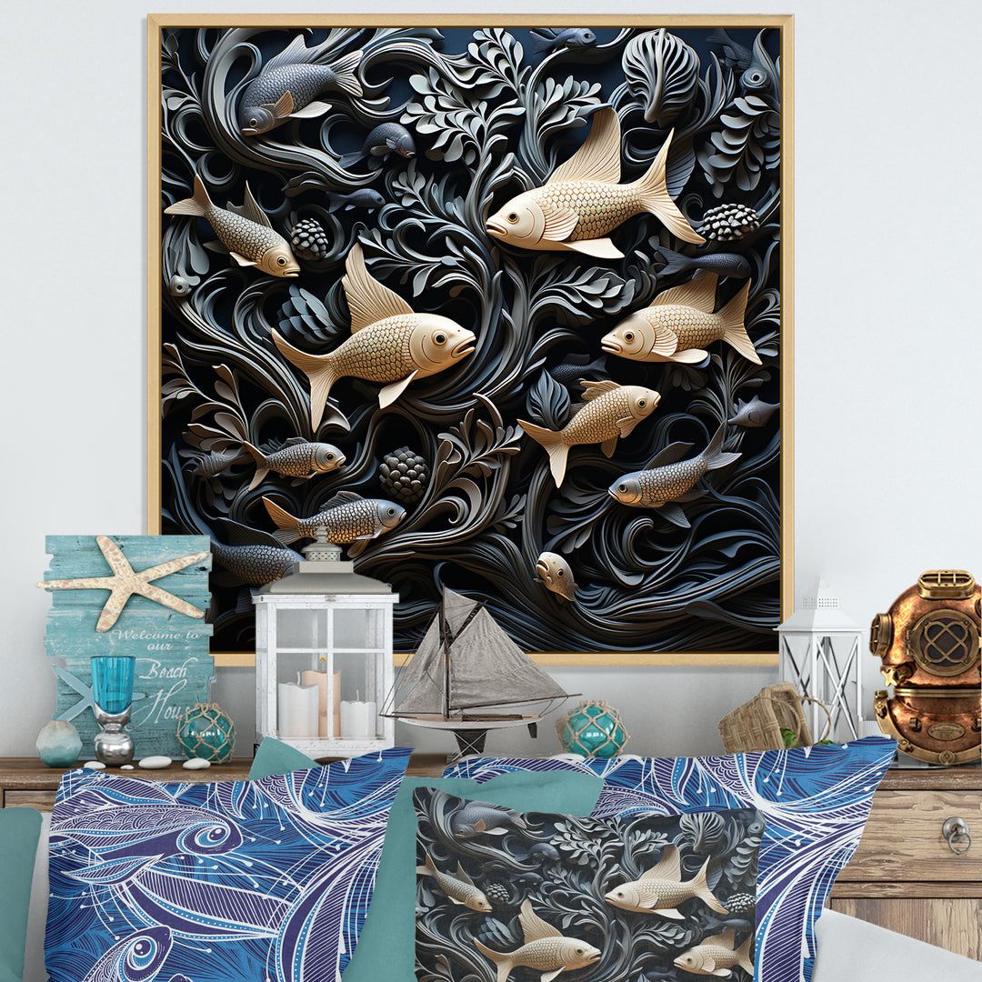 fish in the Sea collage in black - Fish Wall Art Prints