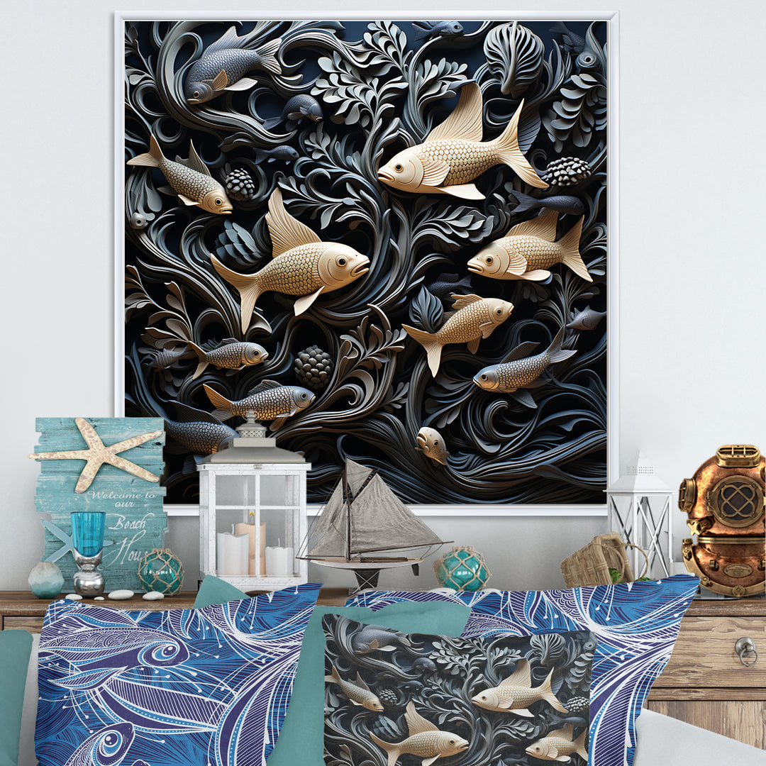 fish in the Sea collage in black - Fish Wall Art Prints