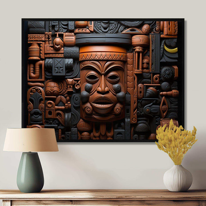 Brown and black African Kuba Patterns Mask - People Canvas Wall Art