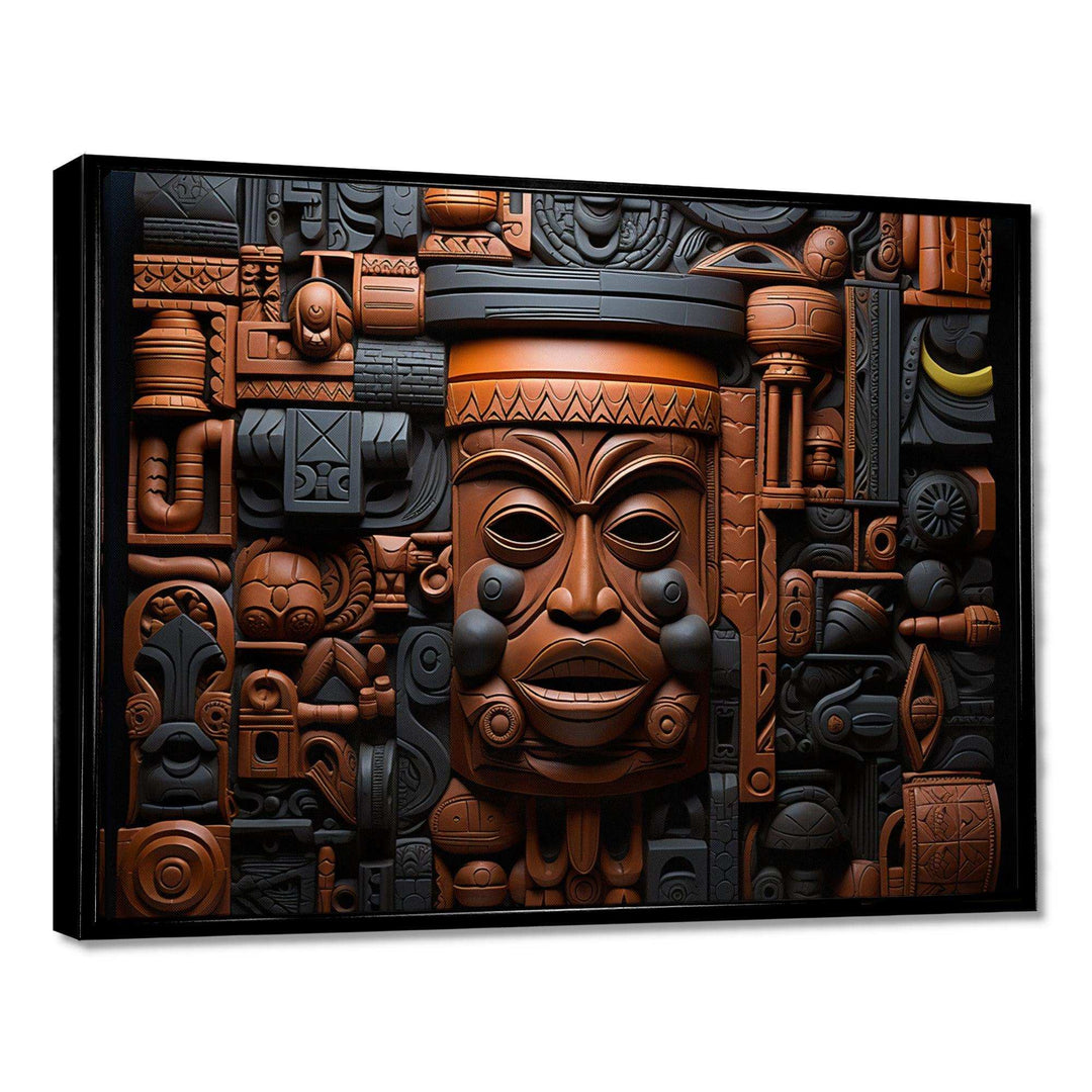 Brown and black African Kuba Patterns Mask - People Canvas Wall Art