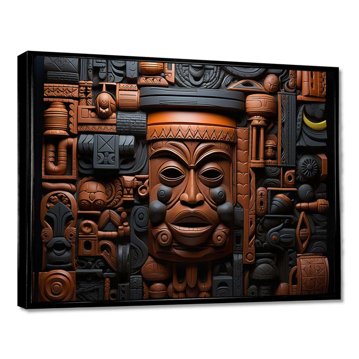 Brown and black African Kuba Patterns Mask - People Canvas Wall Art