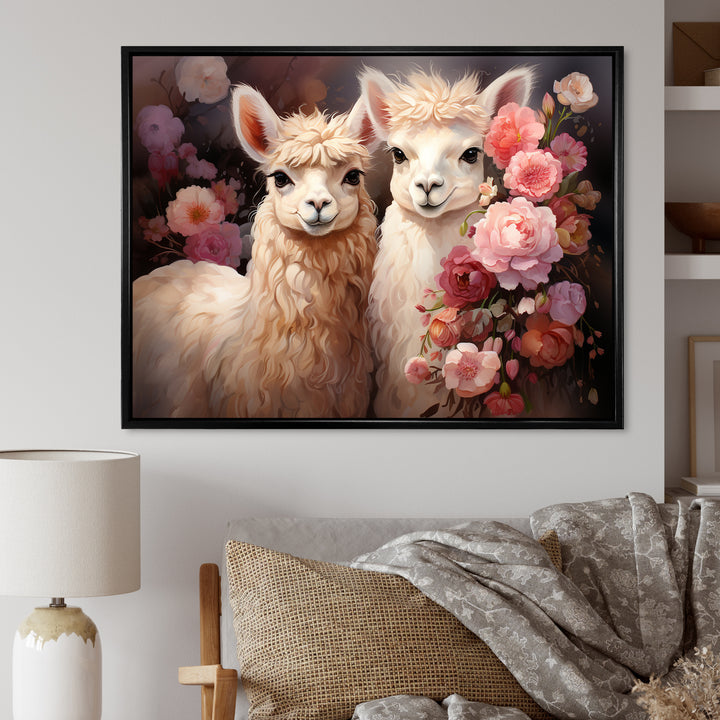 Fluffy Alpacas Floral Portrait - Alpaca Canvas Wall Art