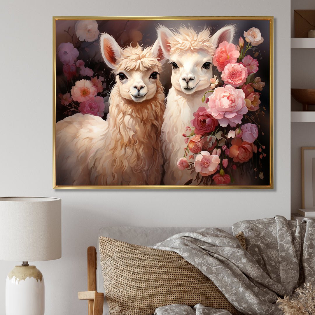 Fluffy Alpacas Floral Portrait - Alpaca Canvas Wall Art