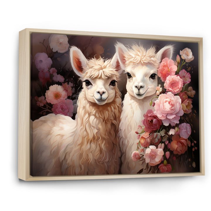 Fluffy Alpacas Floral Portrait - Alpaca Canvas Wall Art