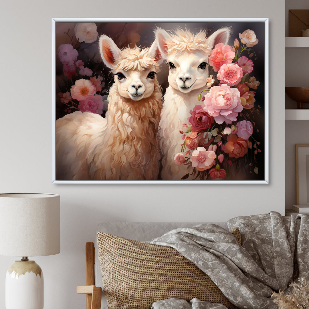 Fluffy Alpacas Floral Portrait - Alpaca Canvas Wall Art