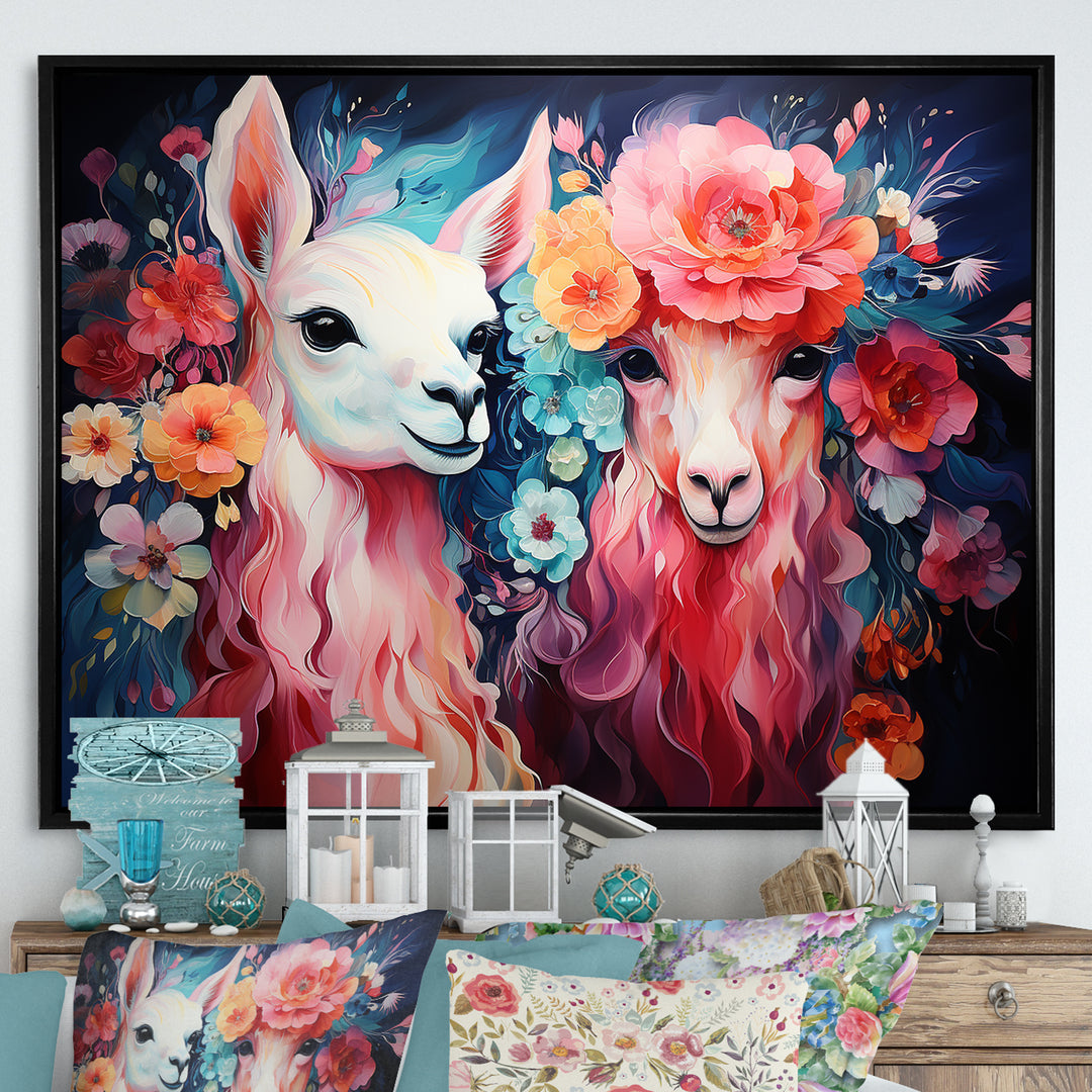 Pink fluffy Alpacas Floral Portrait - Alpaca Wall Decor