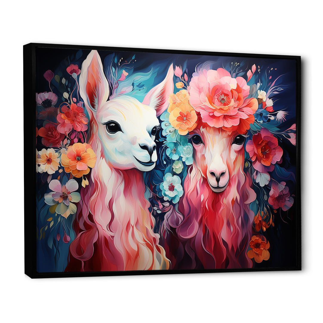 Pink fluffy Alpacas Floral Portrait - Alpaca Wall Decor