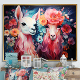 Pink fluffy Alpacas Floral Portrait - Alpaca Wall Decor