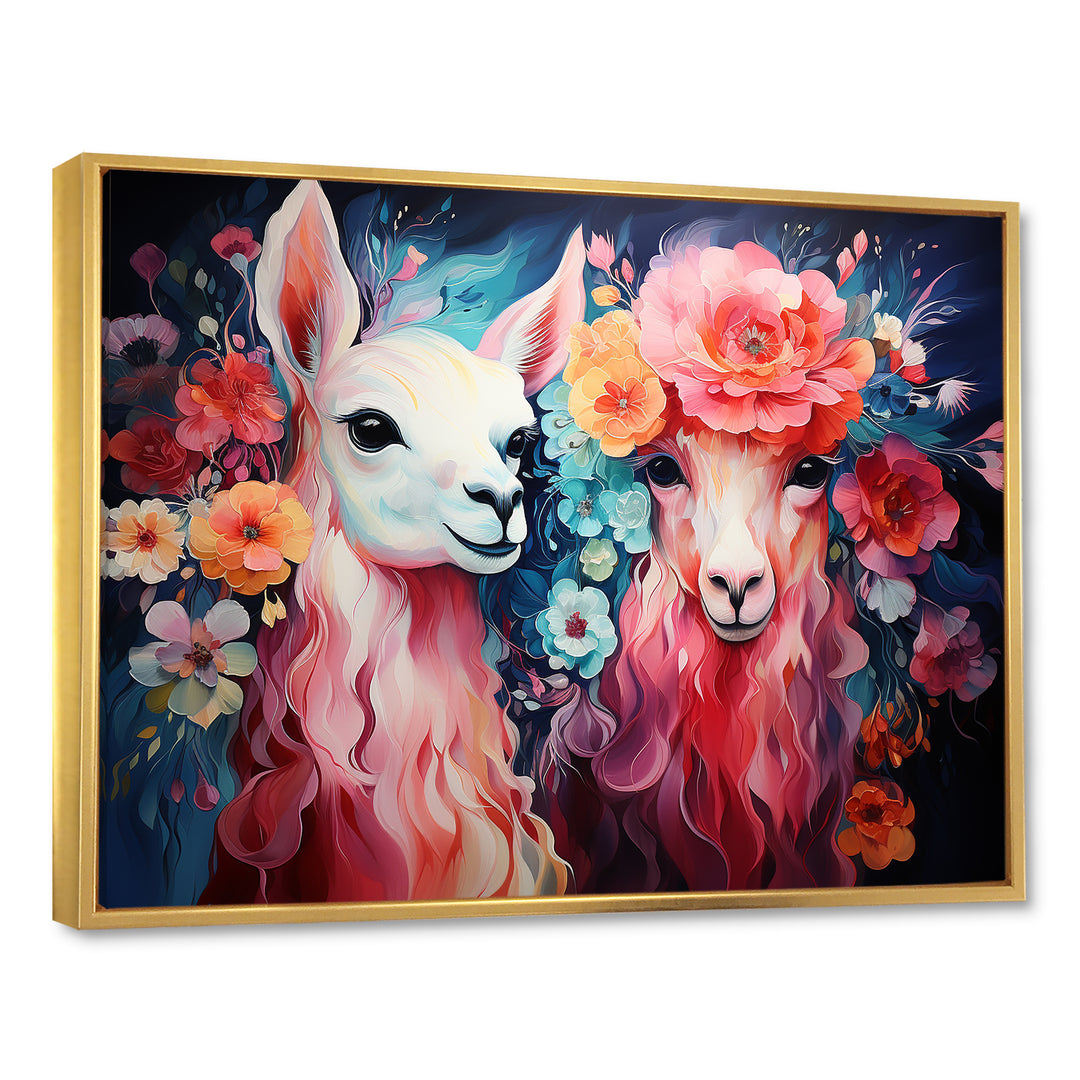 Pink fluffy Alpacas Floral Portrait - Alpaca Wall Decor