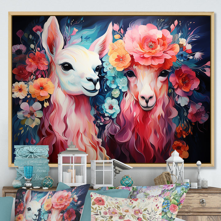 Pink fluffy Alpacas Floral Portrait - Alpaca Wall Decor