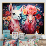 Pink fluffy Alpacas Floral Portrait - Alpaca Wall Decor