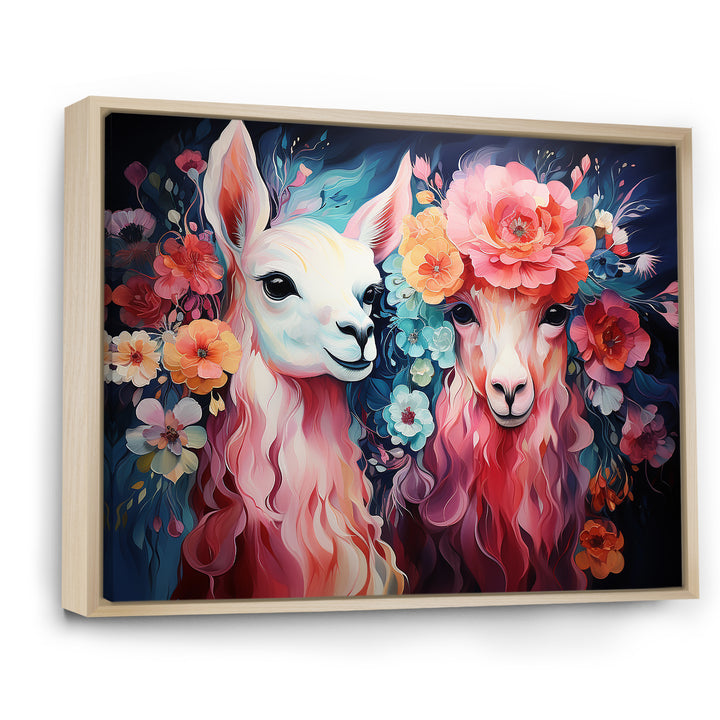 Pink fluffy Alpacas Floral Portrait - Alpaca Wall Decor