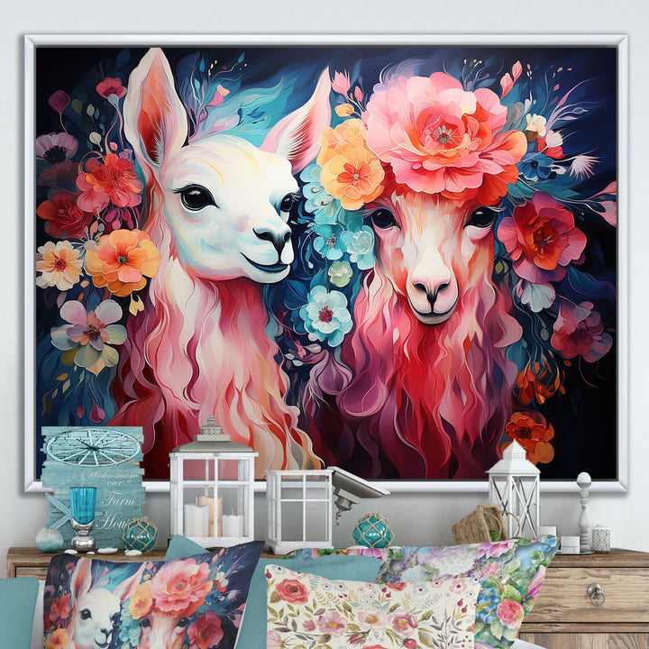 Pink fluffy Alpacas Floral Portrait - Alpaca Wall Decor