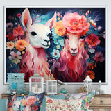 Pink fluffy Alpacas Floral Portrait - Alpaca Wall Decor
