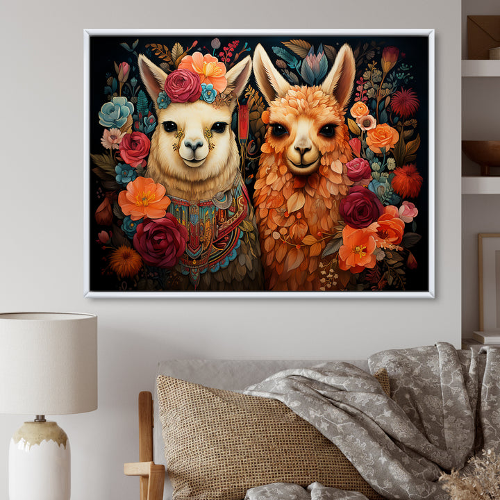 Orange fluffy Alpacas Floral Portrait - Alpaca Wall Art Prints