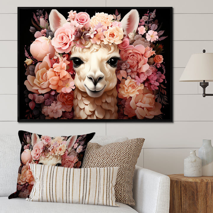 Pink flower crown Alpaca Portrait - Alpaca Large Canvas Wall Art