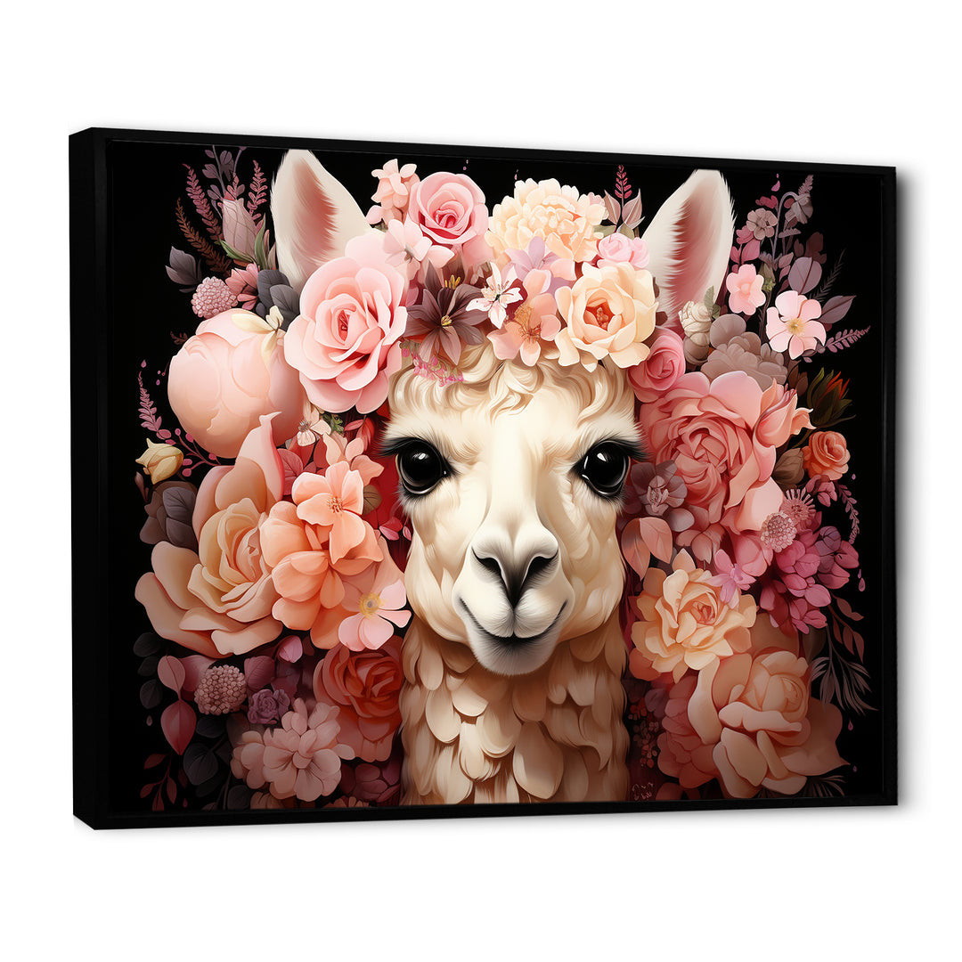 Pink flower crown Alpaca Portrait - Alpaca Large Canvas Wall Art