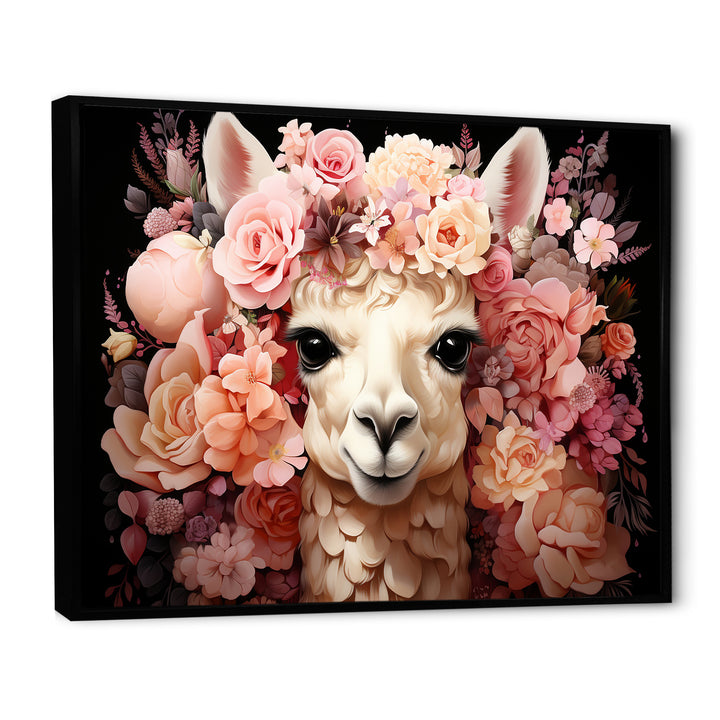 Pink flower crown Alpaca Portrait - Alpaca Large Canvas Wall Art