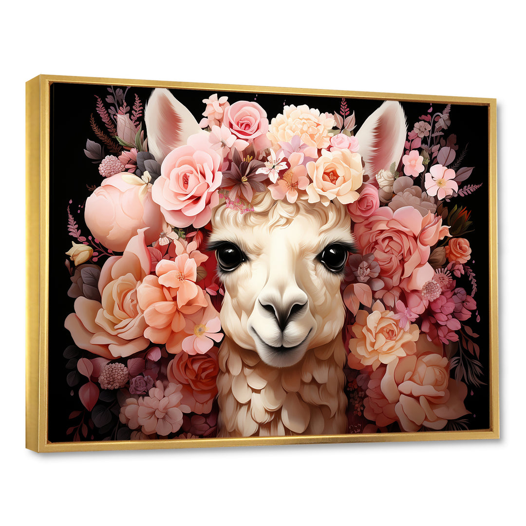 Pink flower crown Alpaca Portrait - Alpaca Large Canvas Wall Art